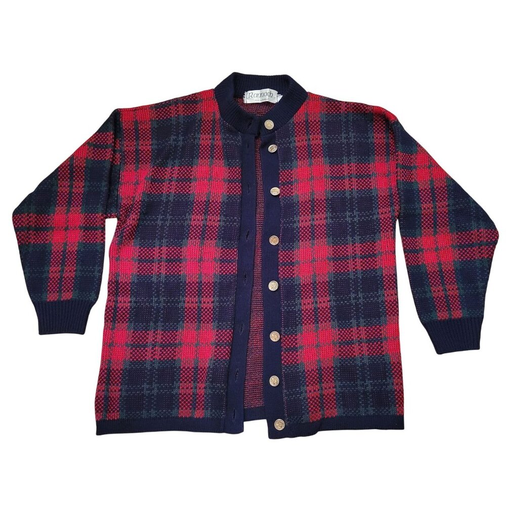 Vintage Rannoch Tartan Plaid‎ Cardigan Sweater S Red Navy Acrylic Scotland